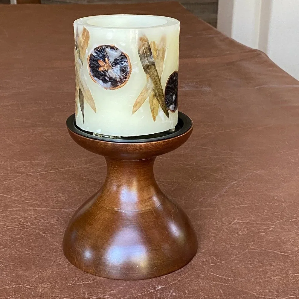 Crate & Barrel Curve Wood Pillar Candle Holders with removable Wax Voite…